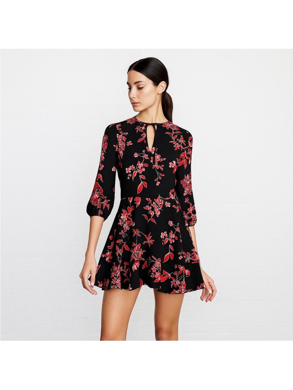 Alice + Olivia Black Mini Dress with Red Floral Print